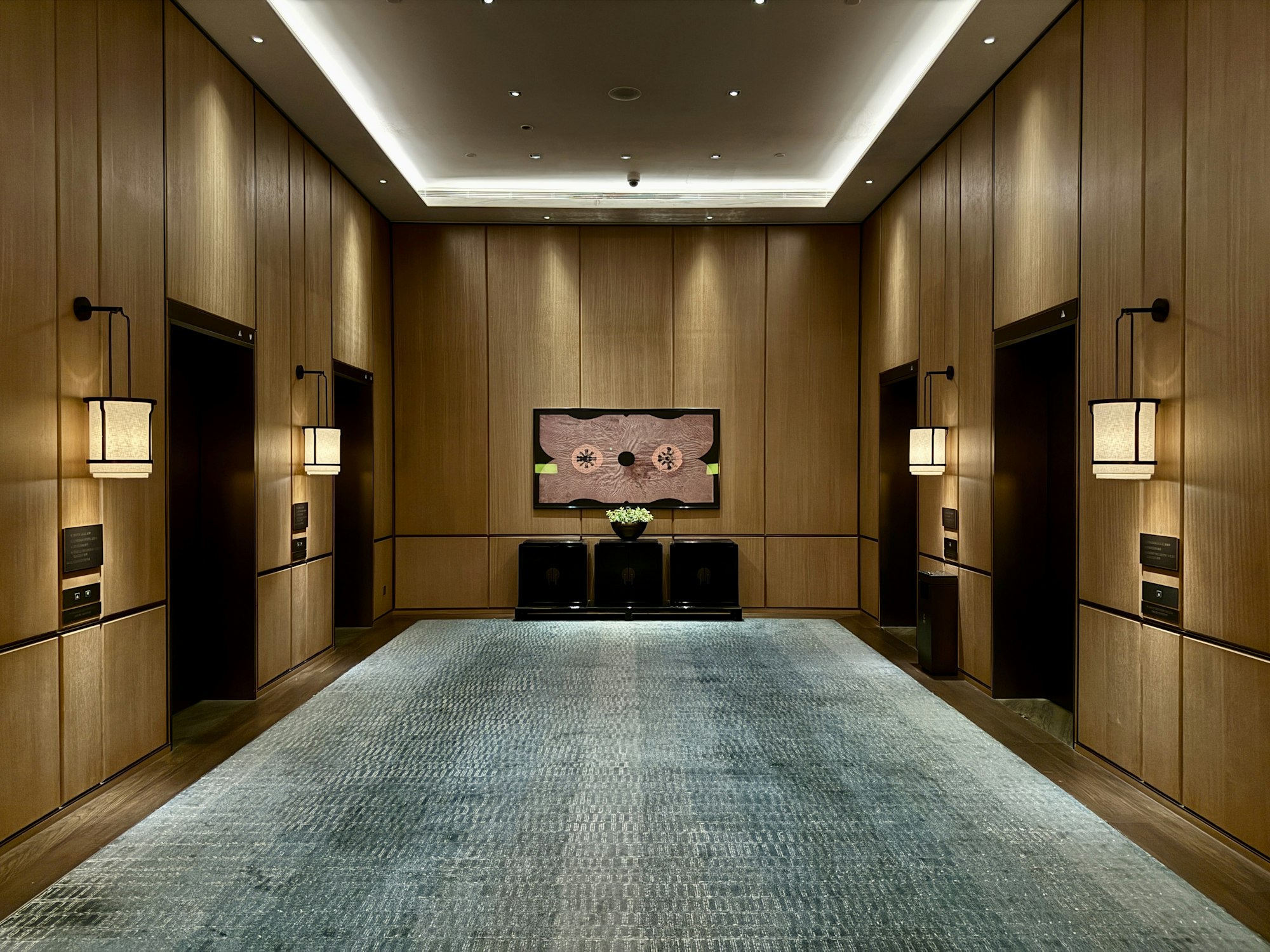 Pasillo revestido de madera con luminarias y alfombra