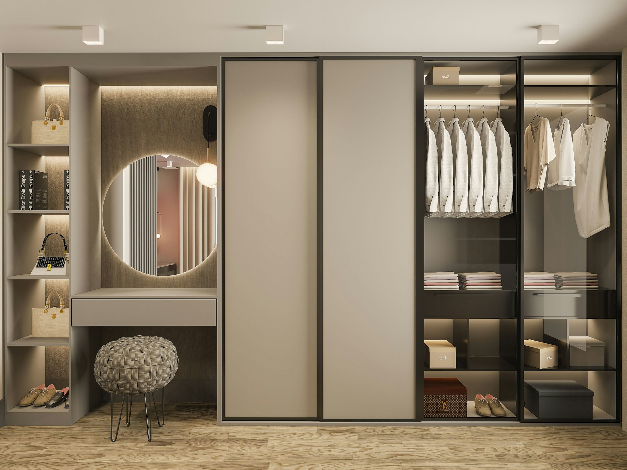 Vestidor con puertas correderas, espejo y estantes iluminados