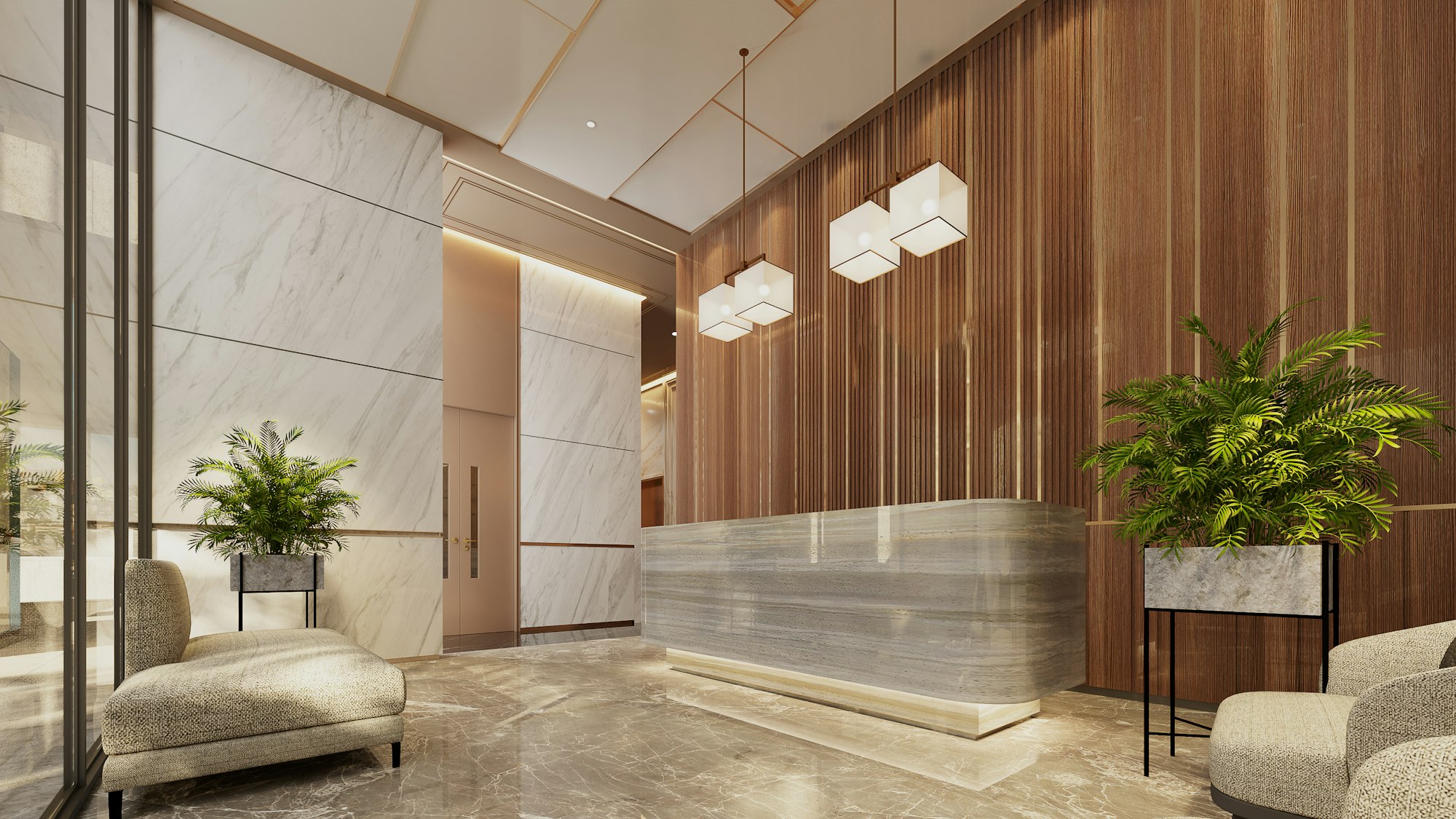 Recepción con paneles de madera